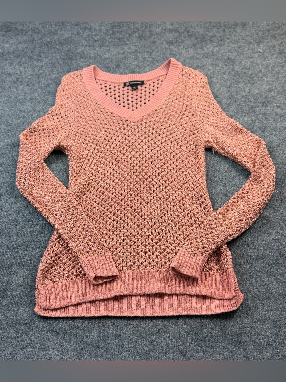 INC Rose Gold Metallic Open Weave Pullover Sweater Sheer Crochet Sz S